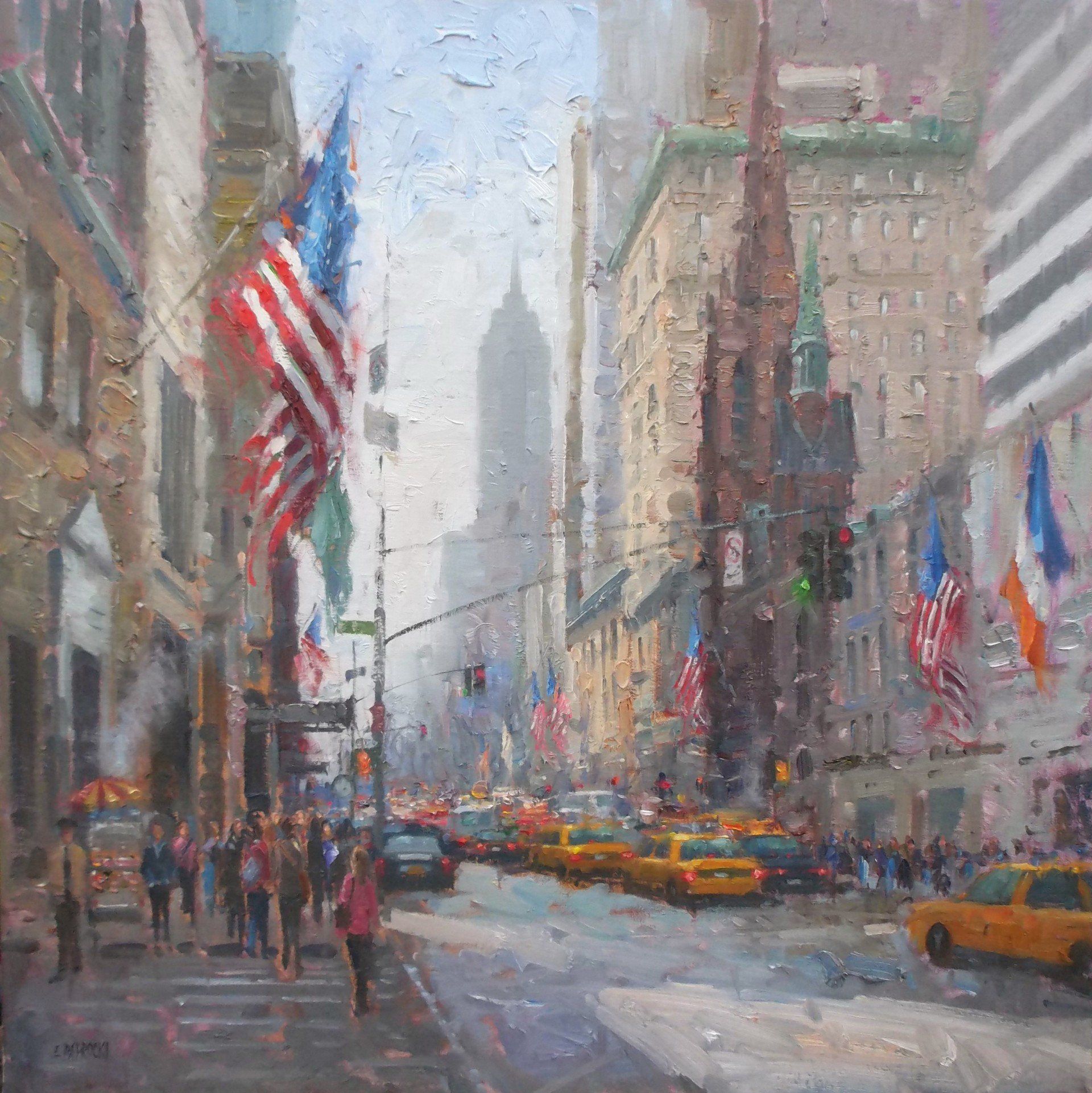 A painting of a city street with taxis and people
