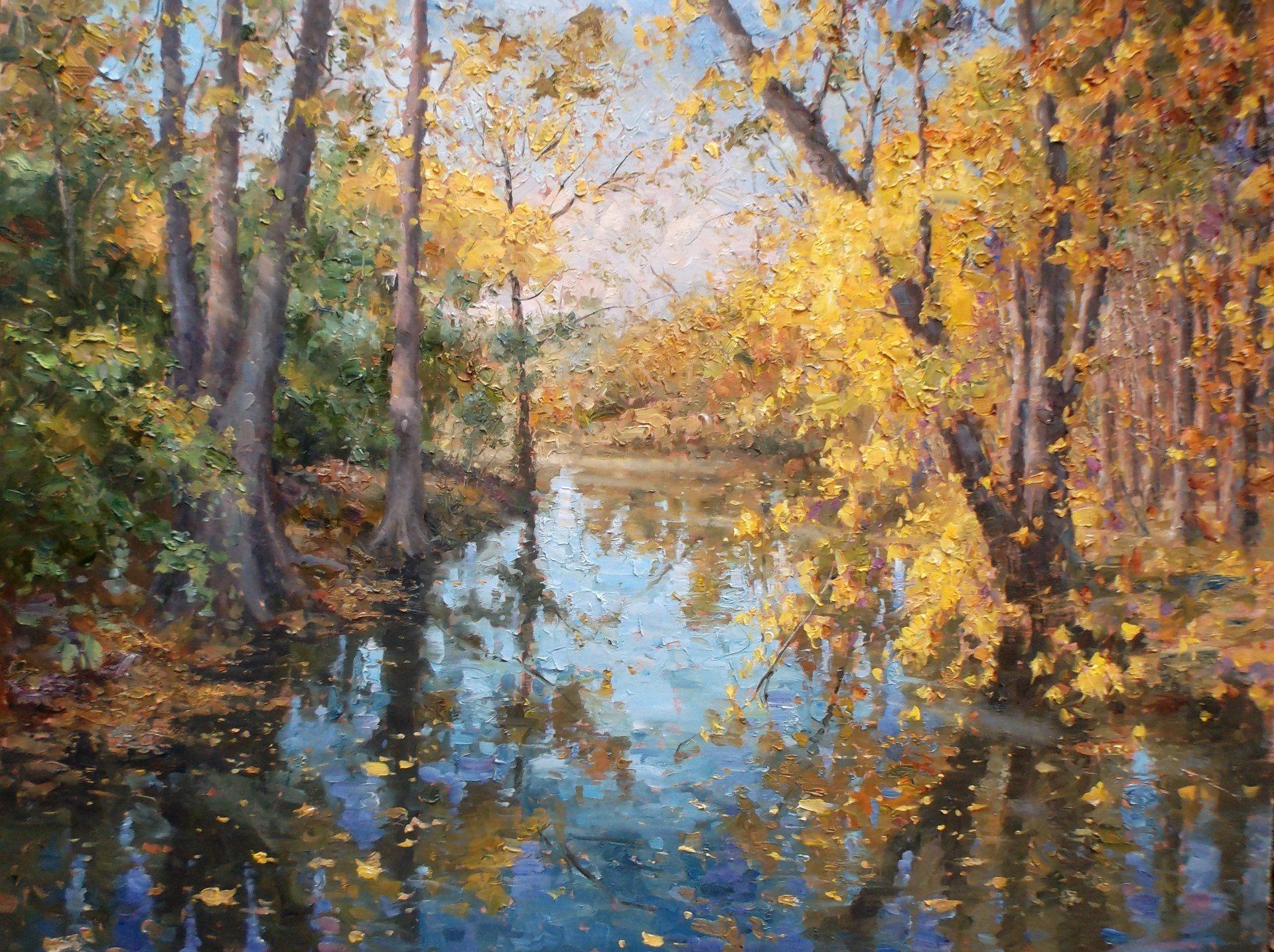 A painting of a river surrounded by trees with yellow leaves.