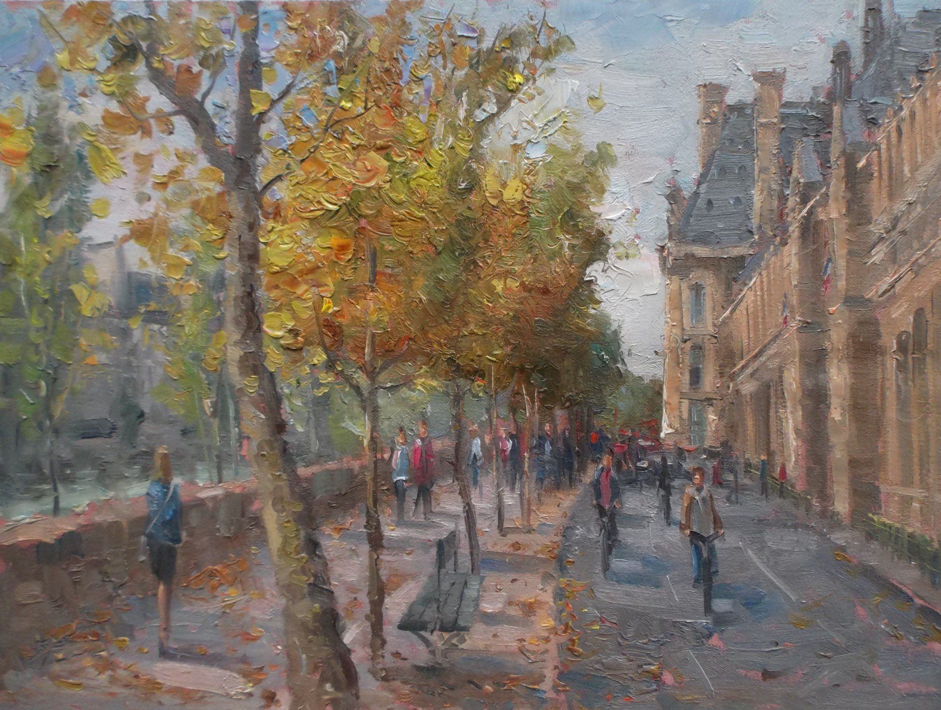 A painting of people walking down a street with trees and buildings in the background.