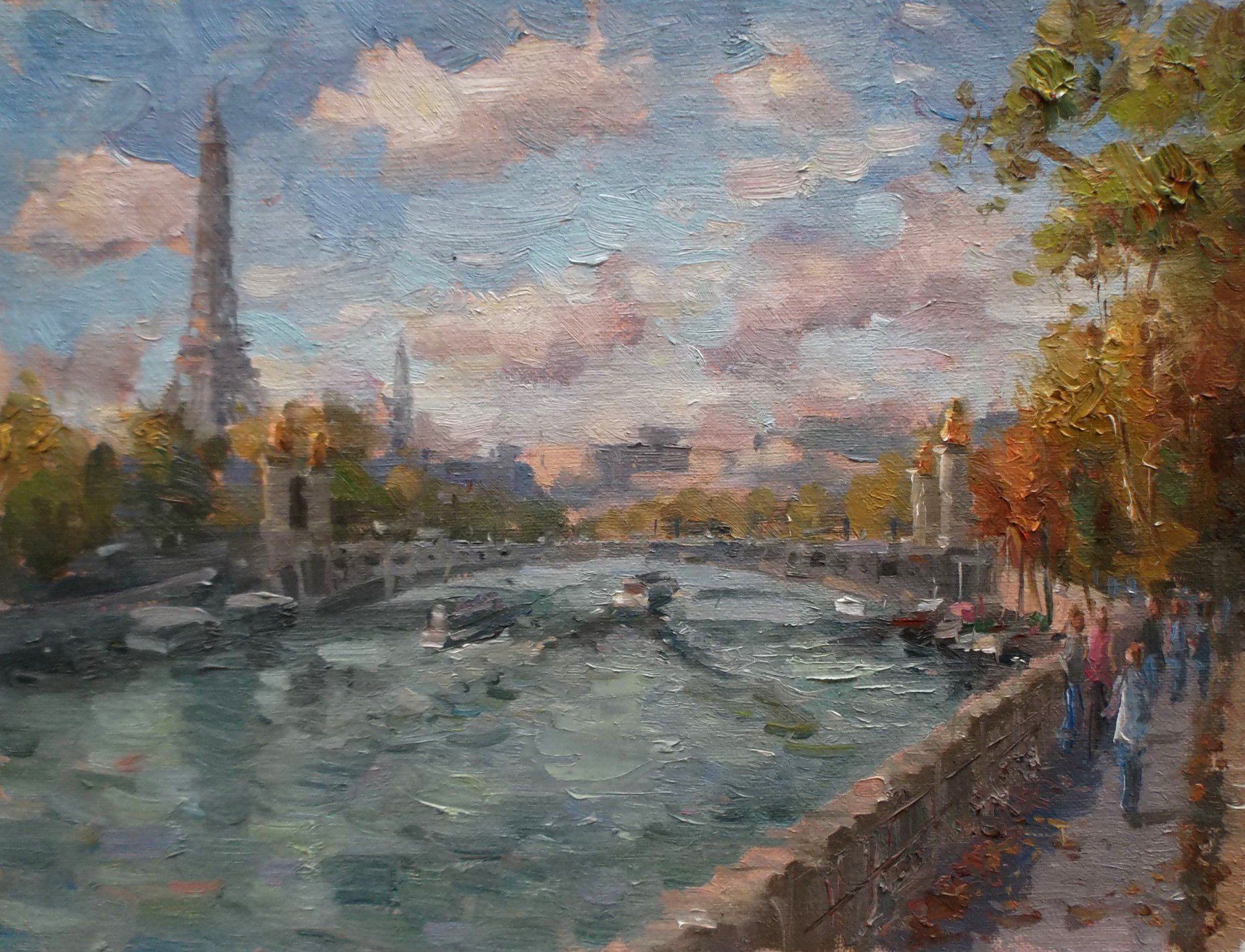 A painting of a river in paris with the eiffel tower in the background.