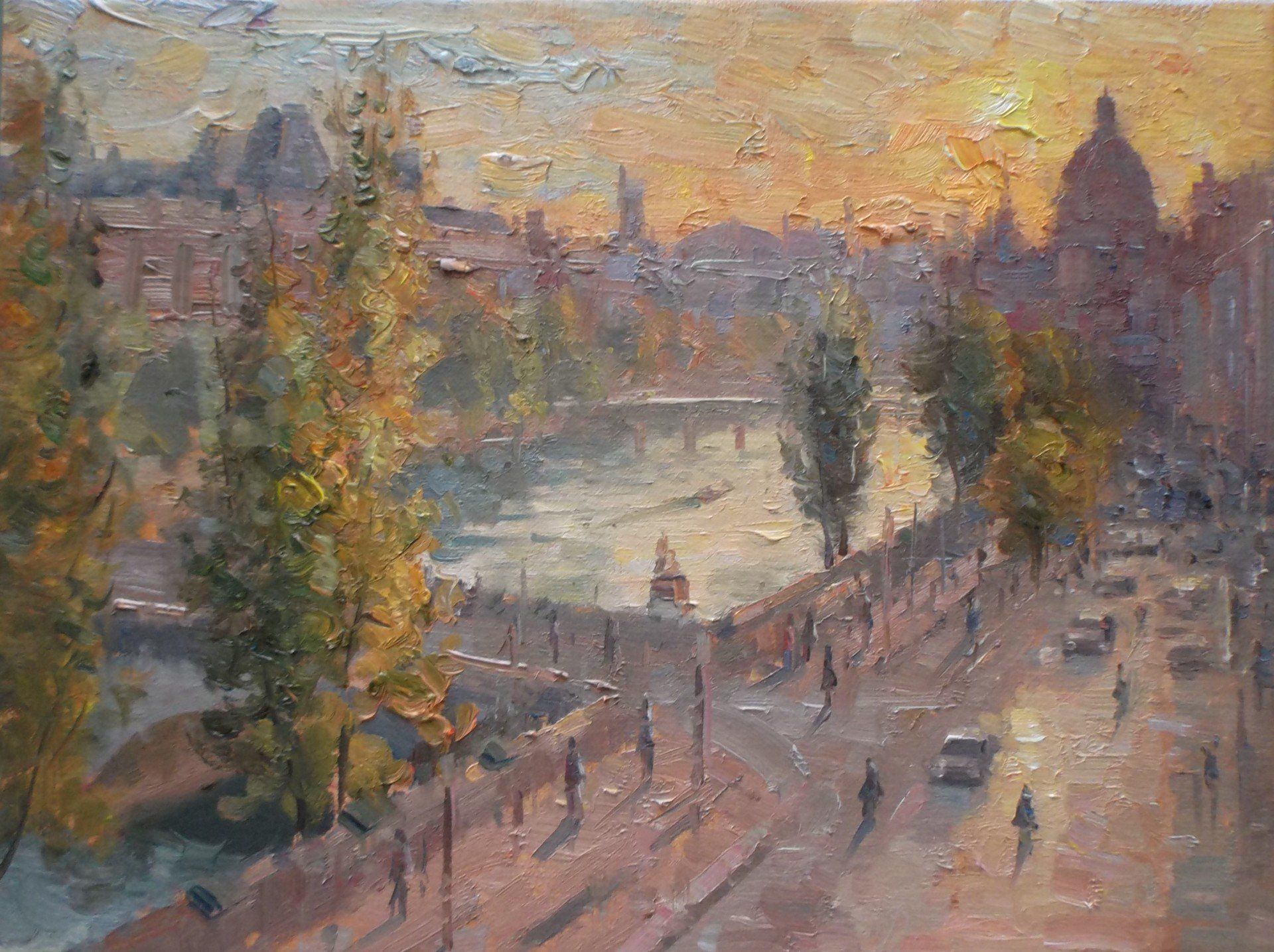 A painting of a city street with a river in the background.