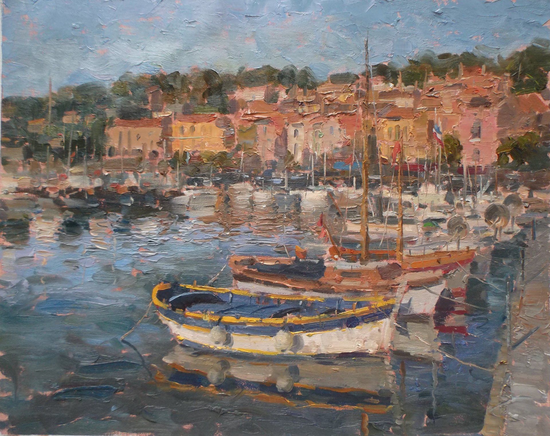 A painting of boats in a harbor with a city in the background