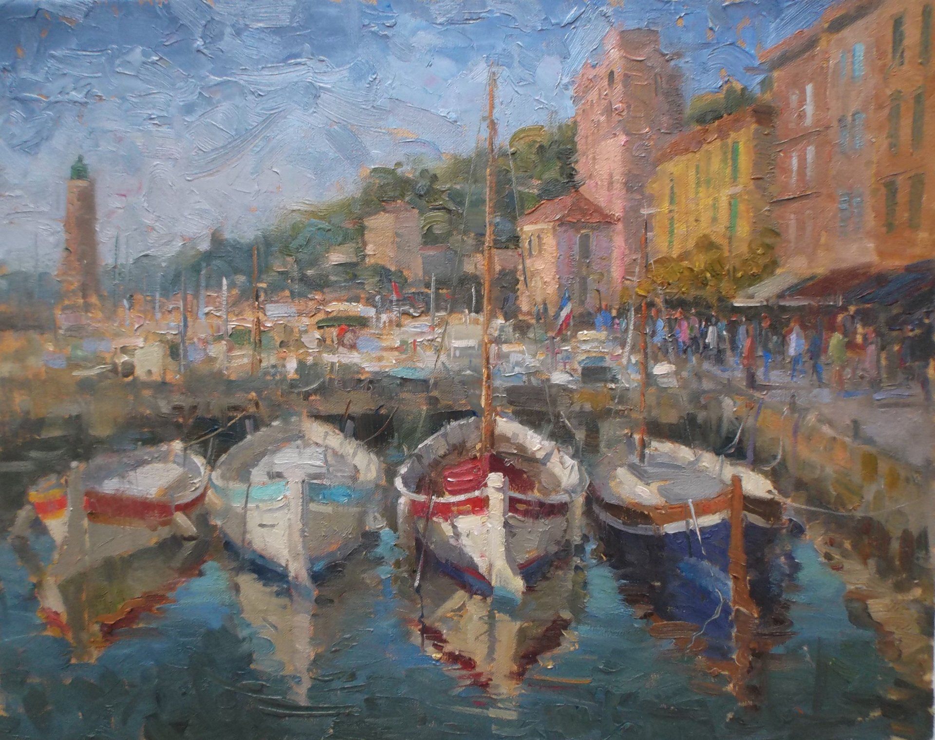 A painting of boats in a harbor with buildings in the background