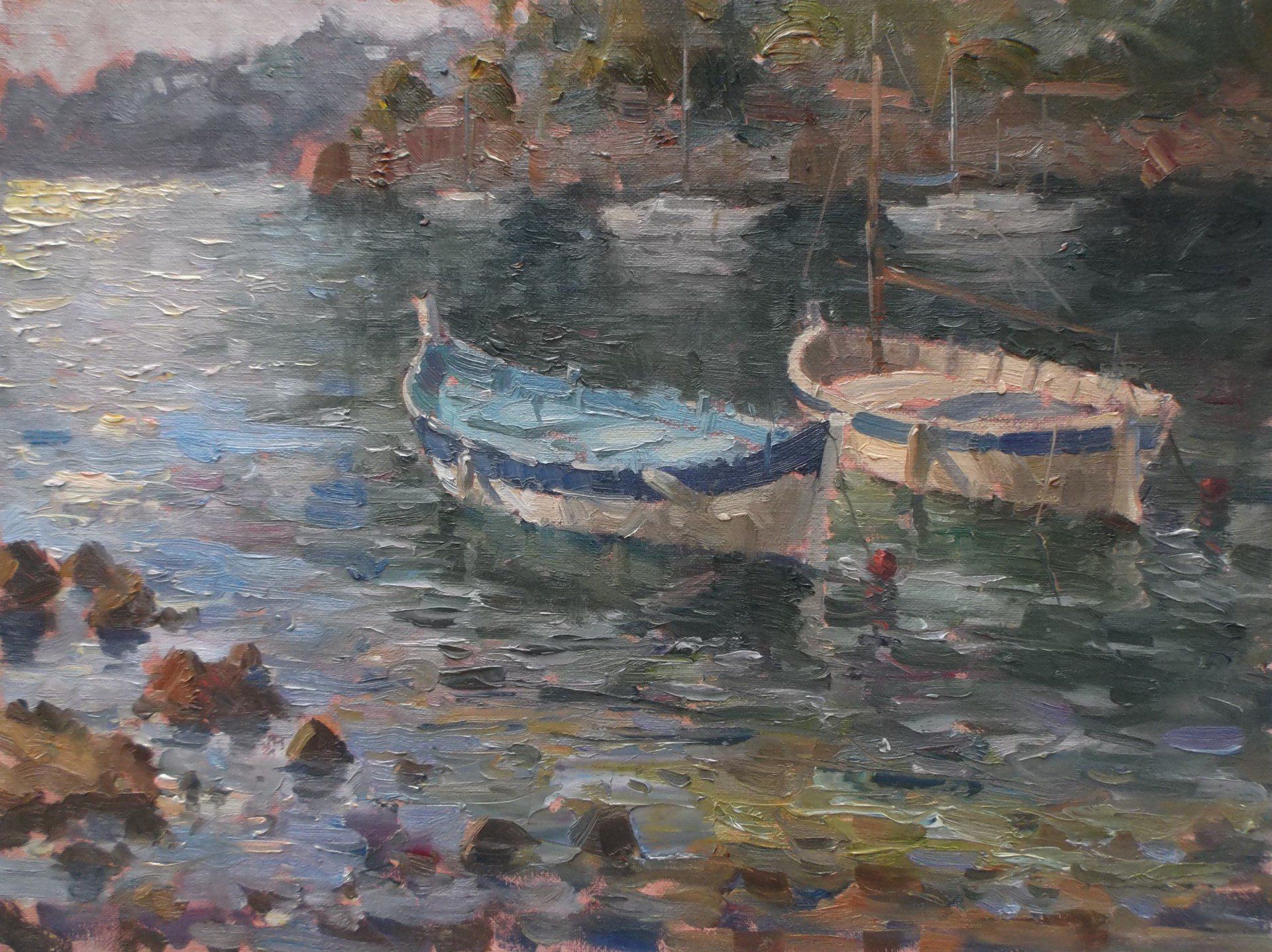 A painting of two boats in the water.