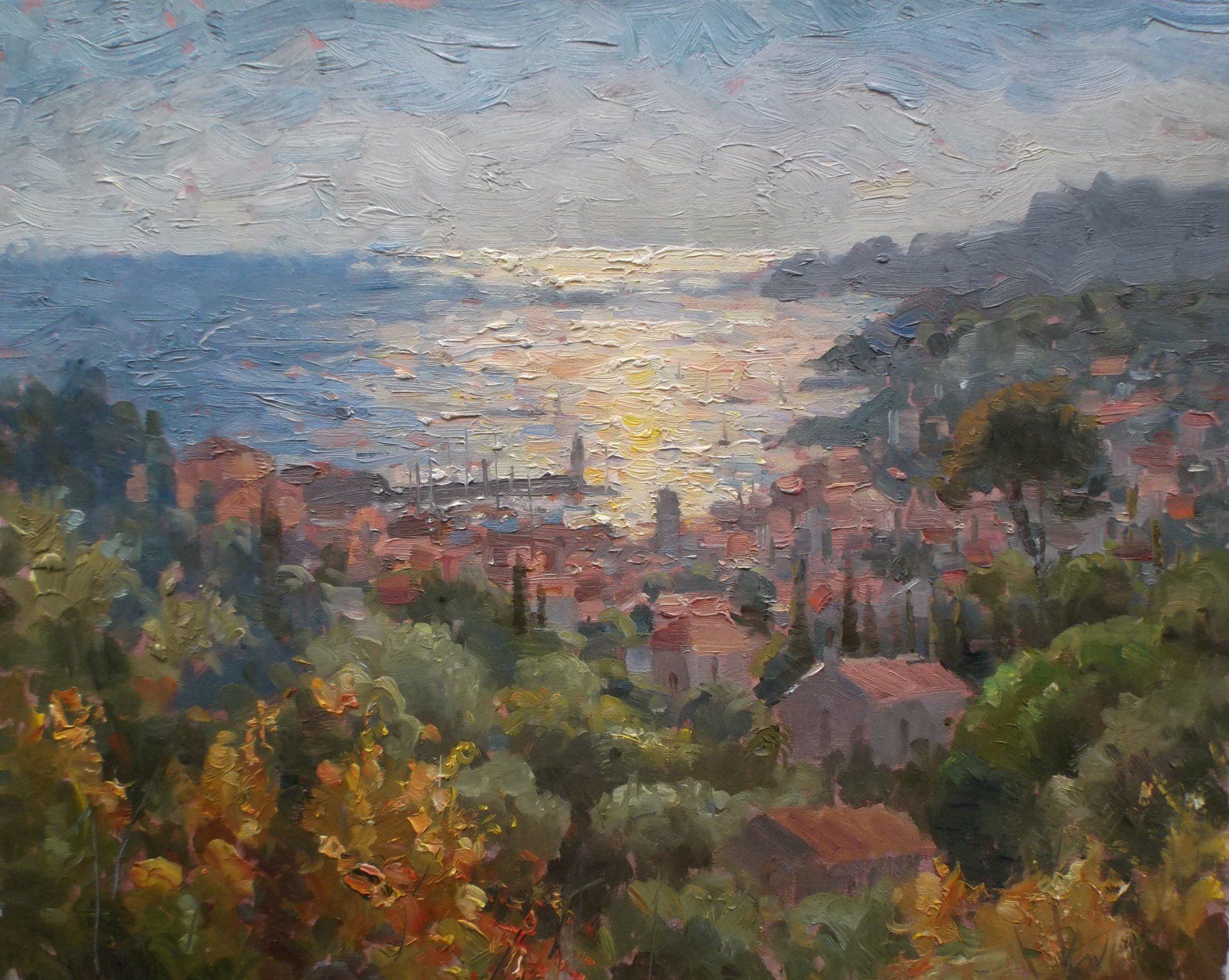A painting of a city overlooking a body of water
