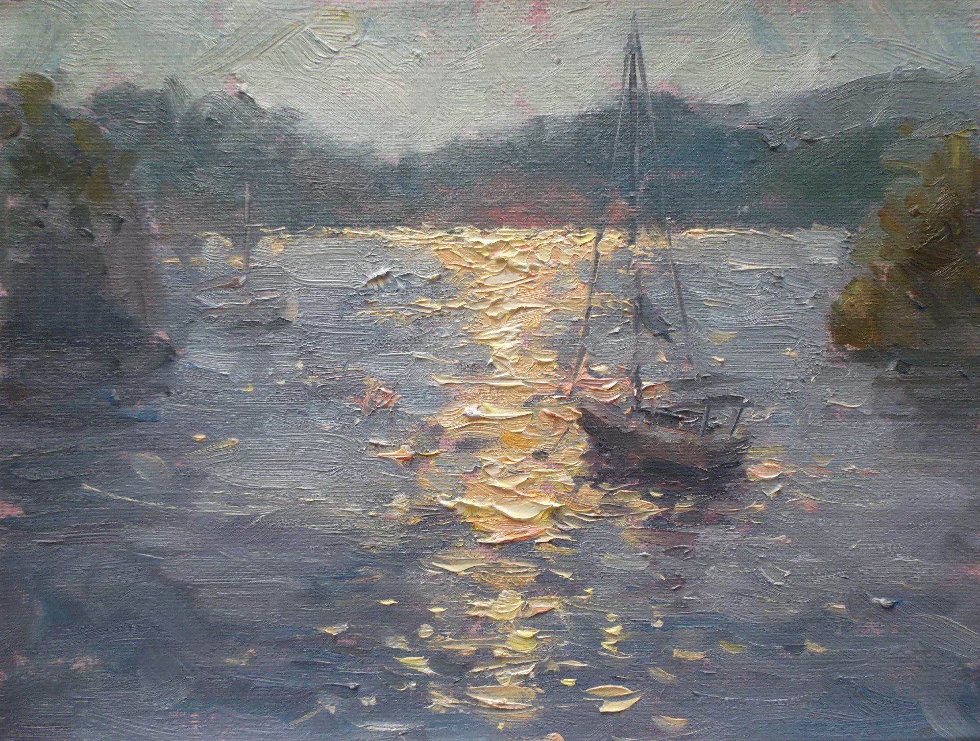 A painting of a sailboat in the water at sunset.