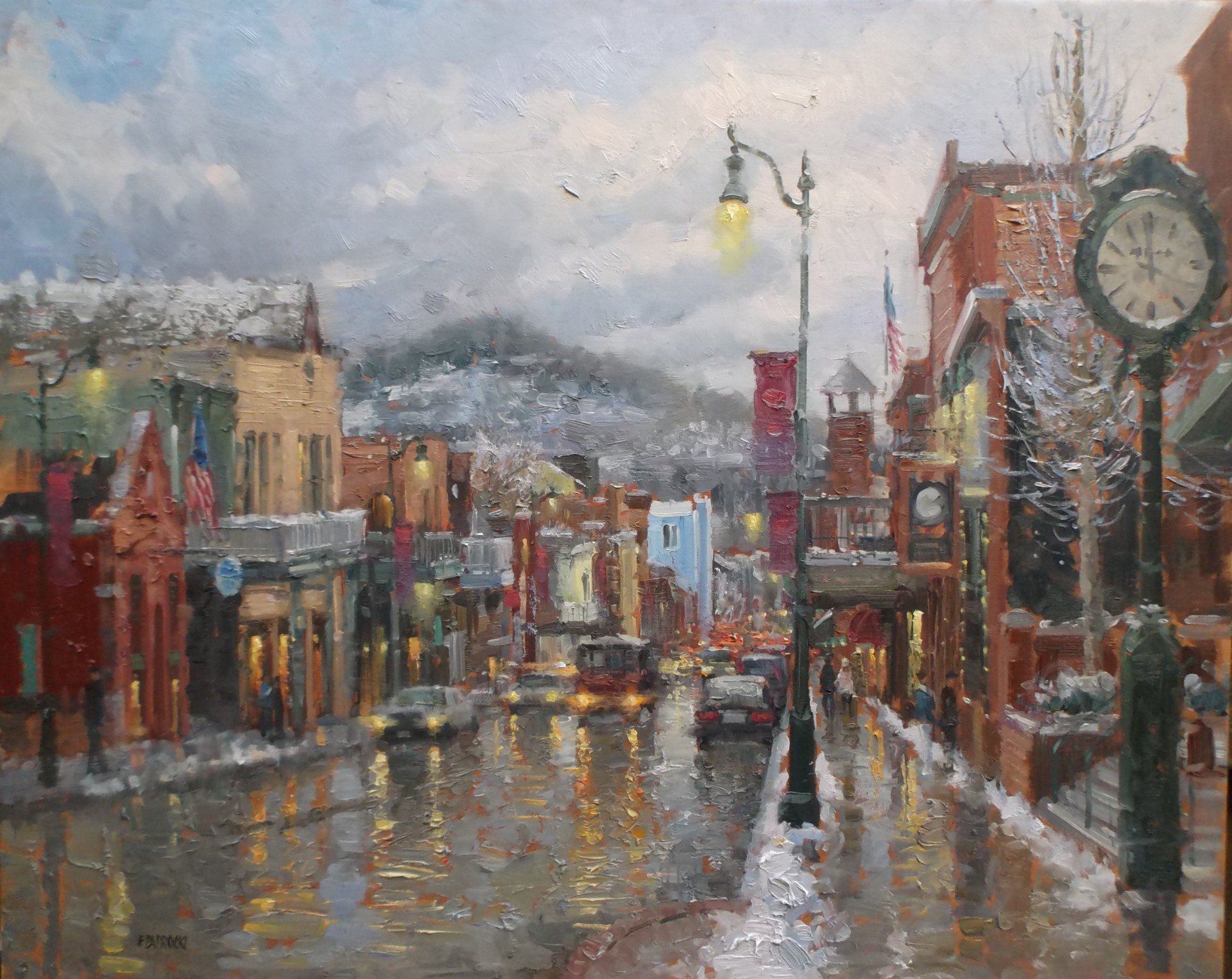 A painting of a city street with a clock on the sidewalk.