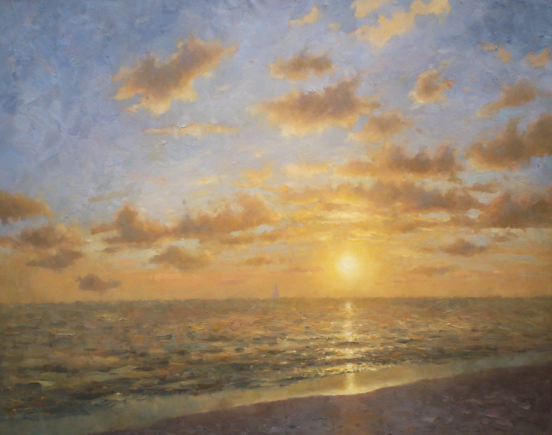 It is a painting of a sunset over the ocean.
