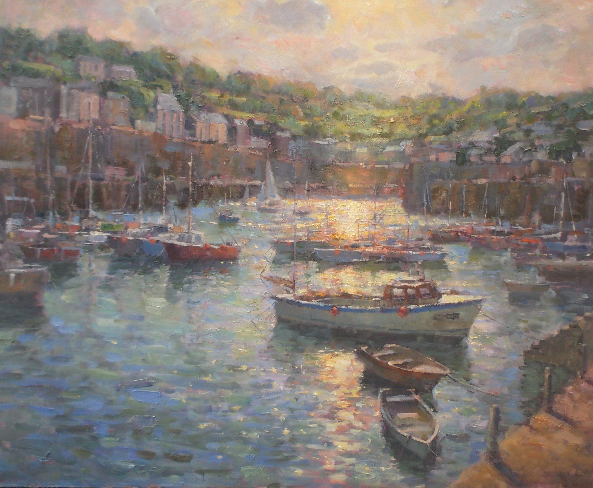 A painting of boats in a harbor with a city in the background.