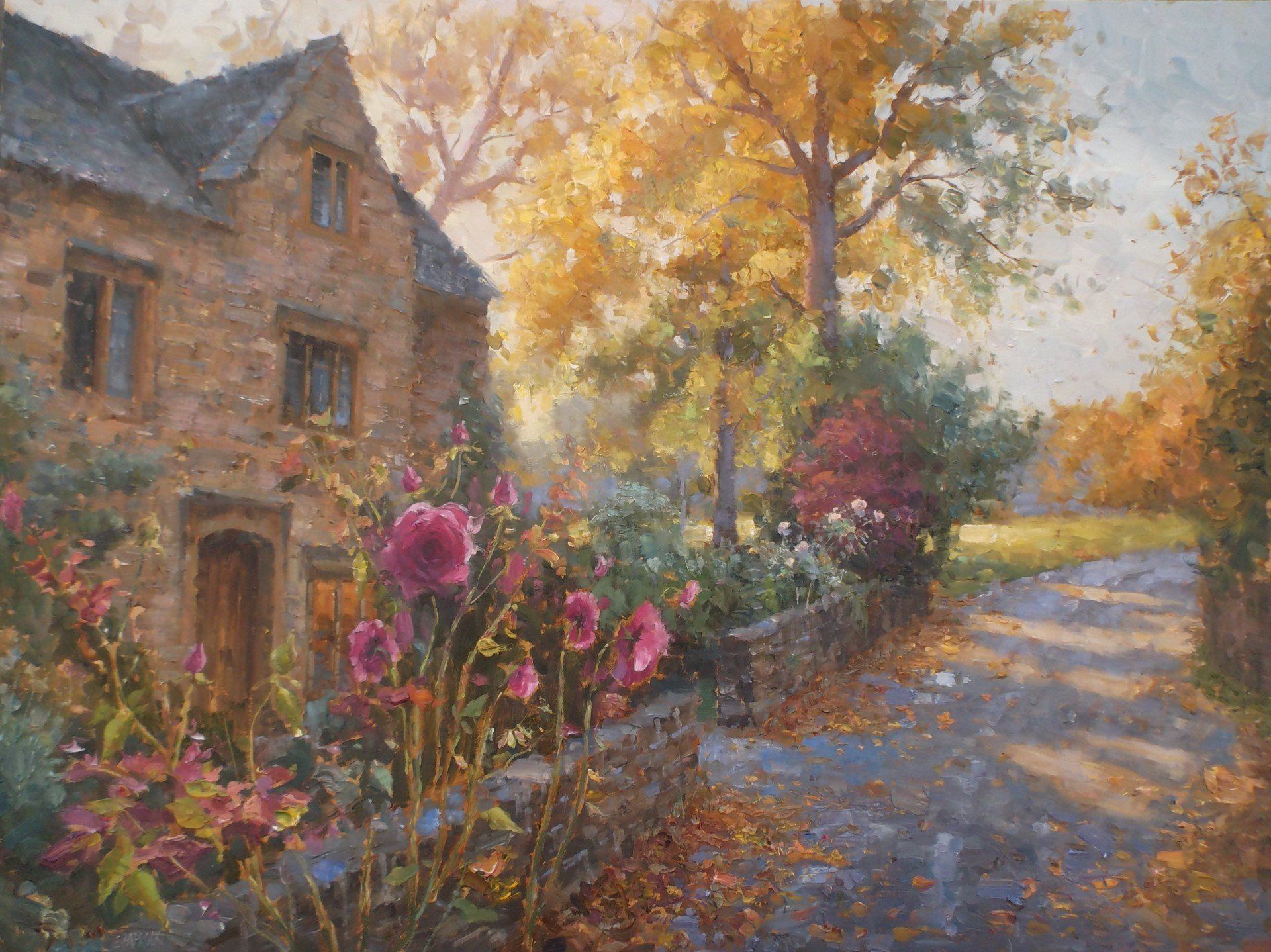 A painting of a house surrounded by flowers and trees.