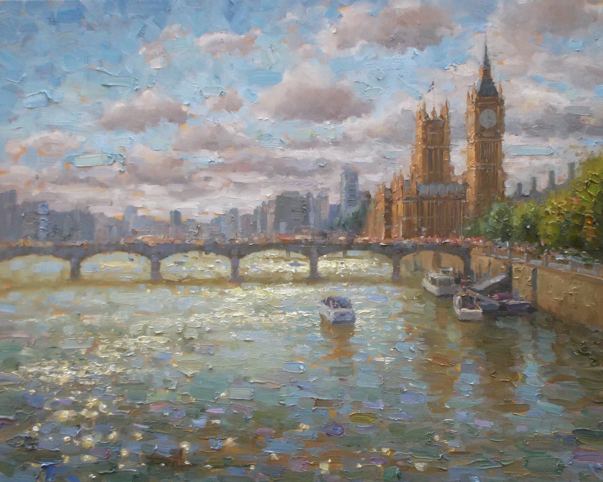 A painting of a river with boats and a clock tower in the background.