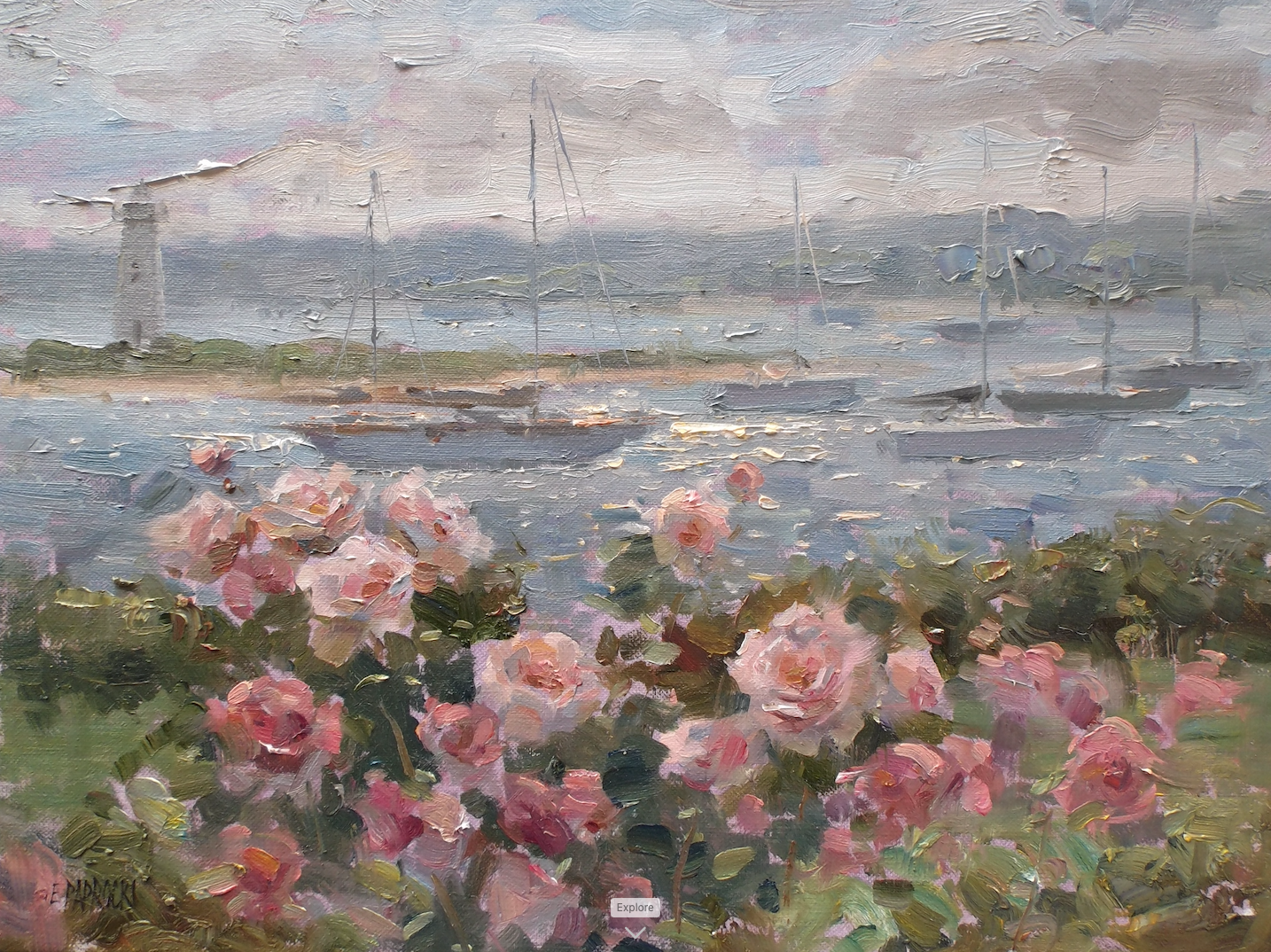 A painting of a lighthouse and boats in the water with flowers in the foreground.