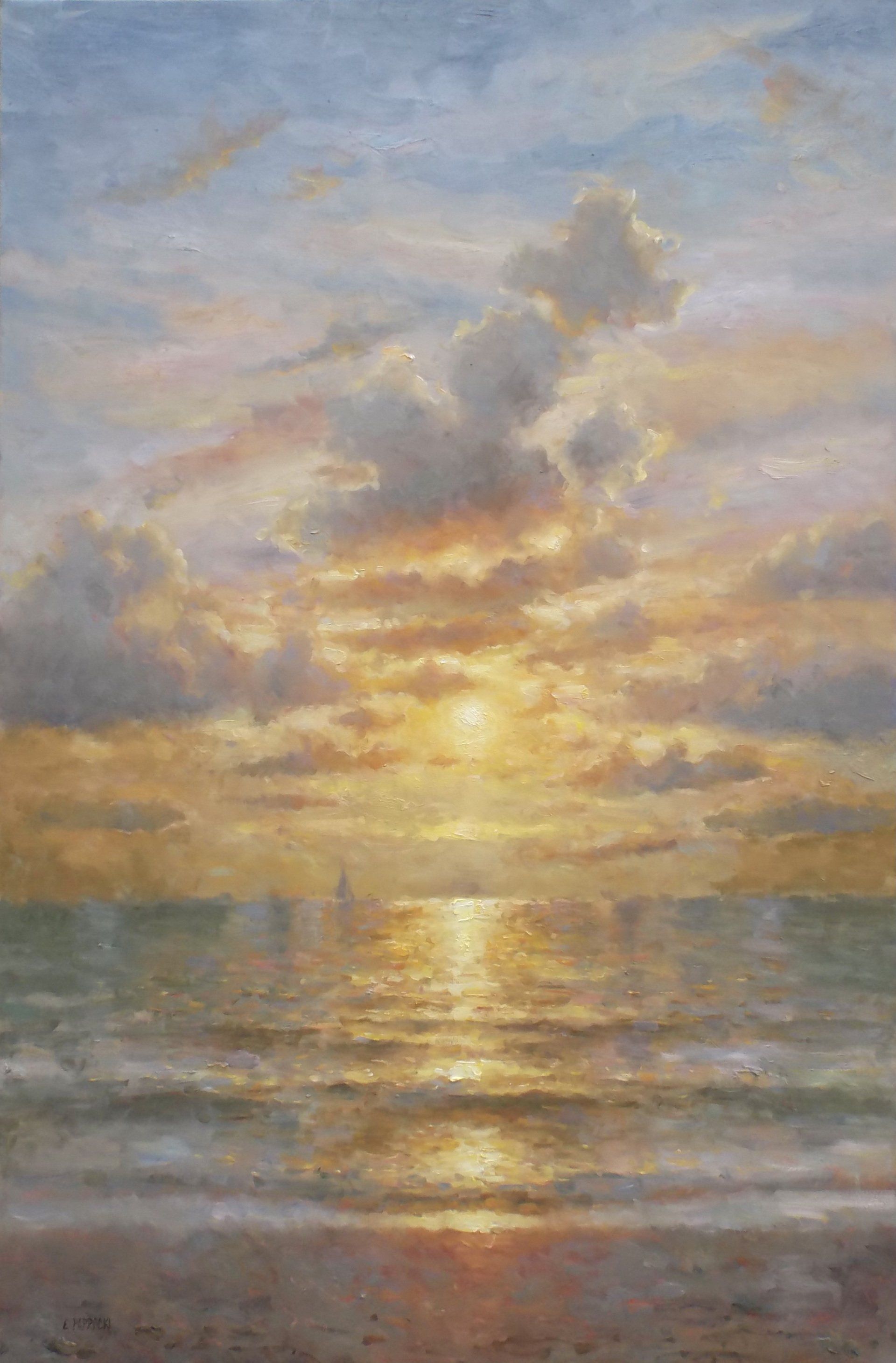 It is a painting of a sunset over the ocean.