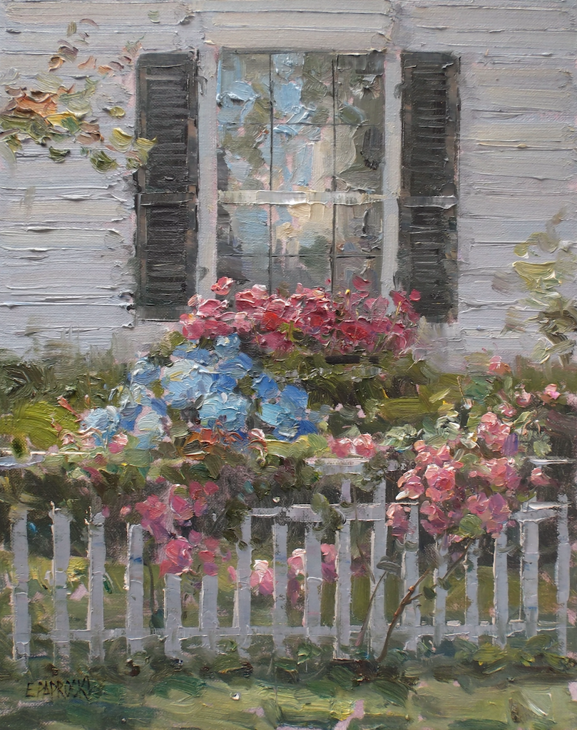 A painting of a white house with flowers in front of it and a white picket fence.