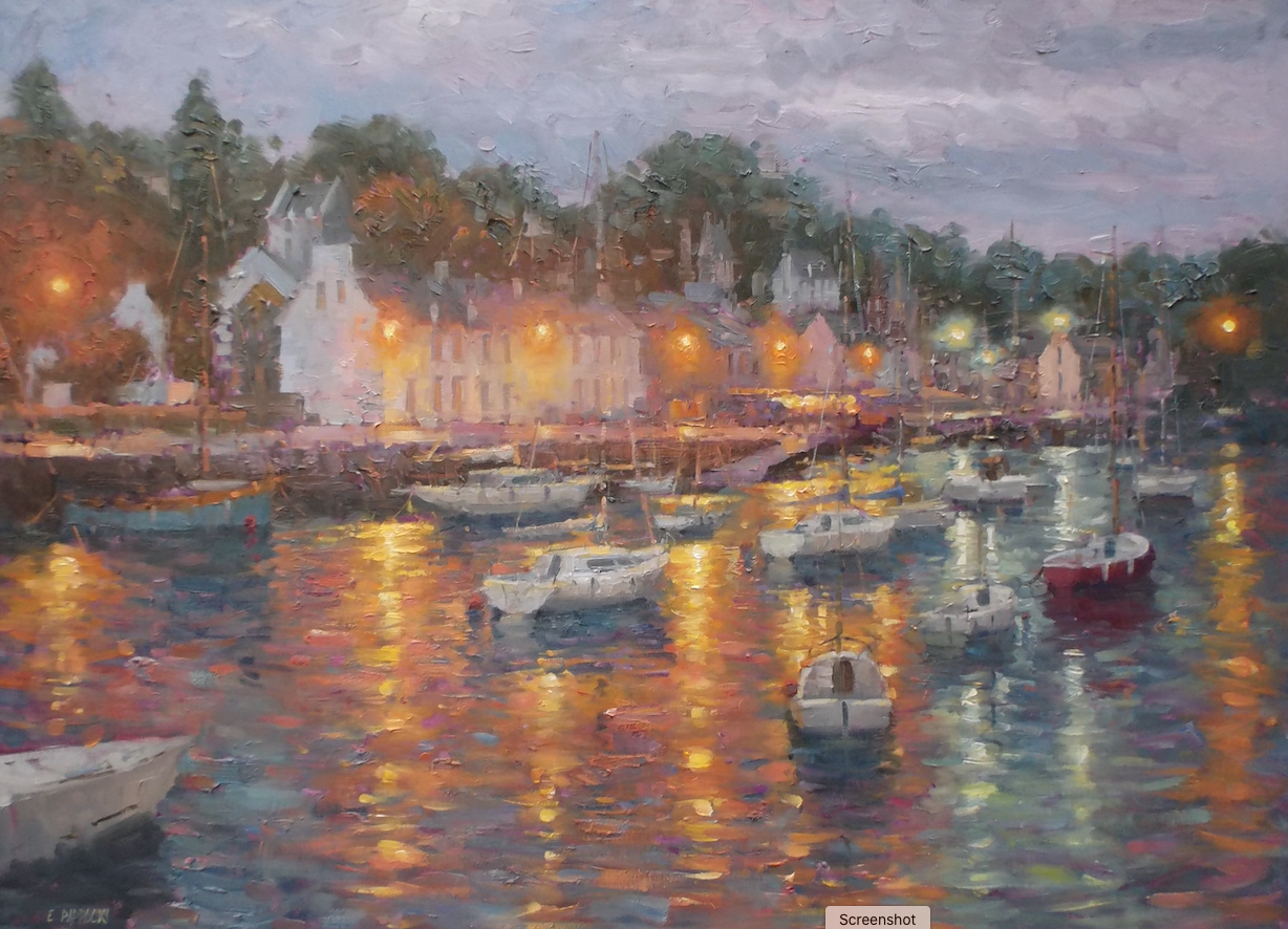 A painting of boats in a harbor at night with buildings in the background.