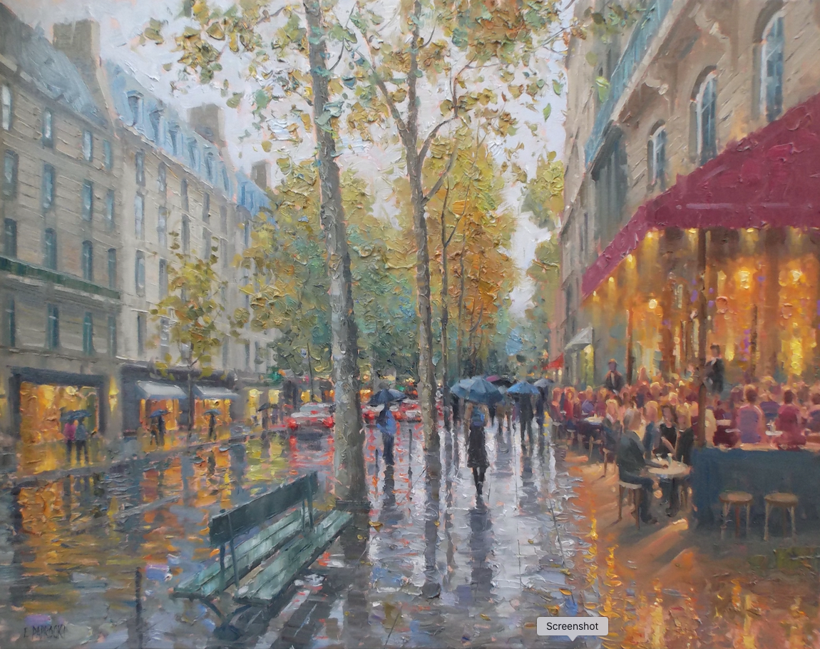 A painting of people walking down a city street in the rain.