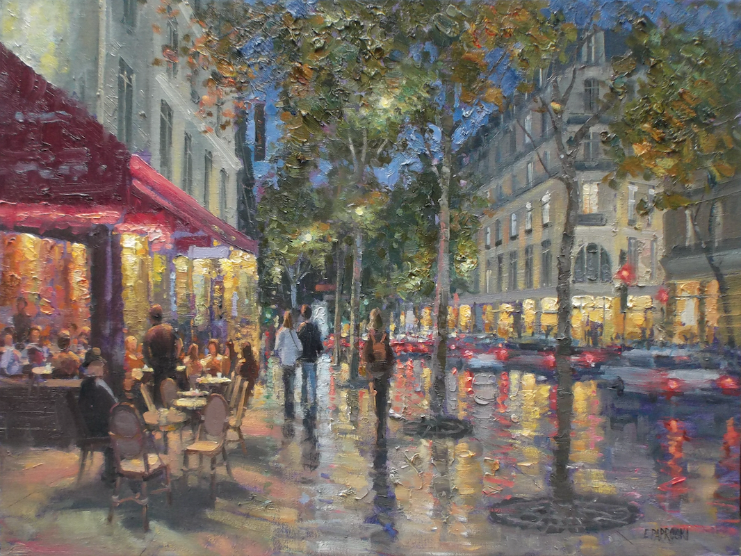 A painting of people walking down a city street at night.