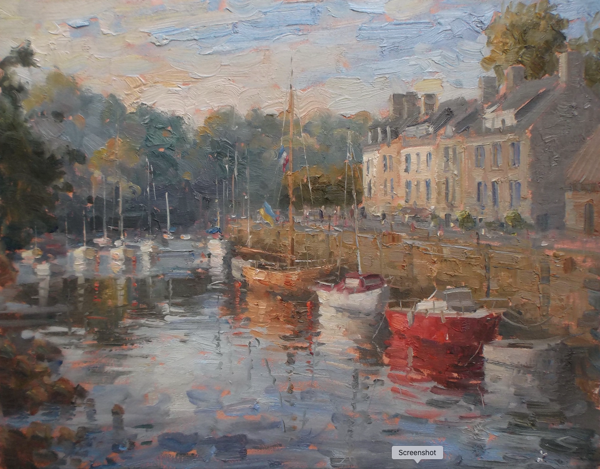 A painting of boats in a harbor with buildings in the background.