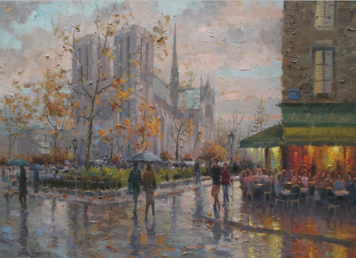 A painting of people walking in the rain in front of a cathedral.