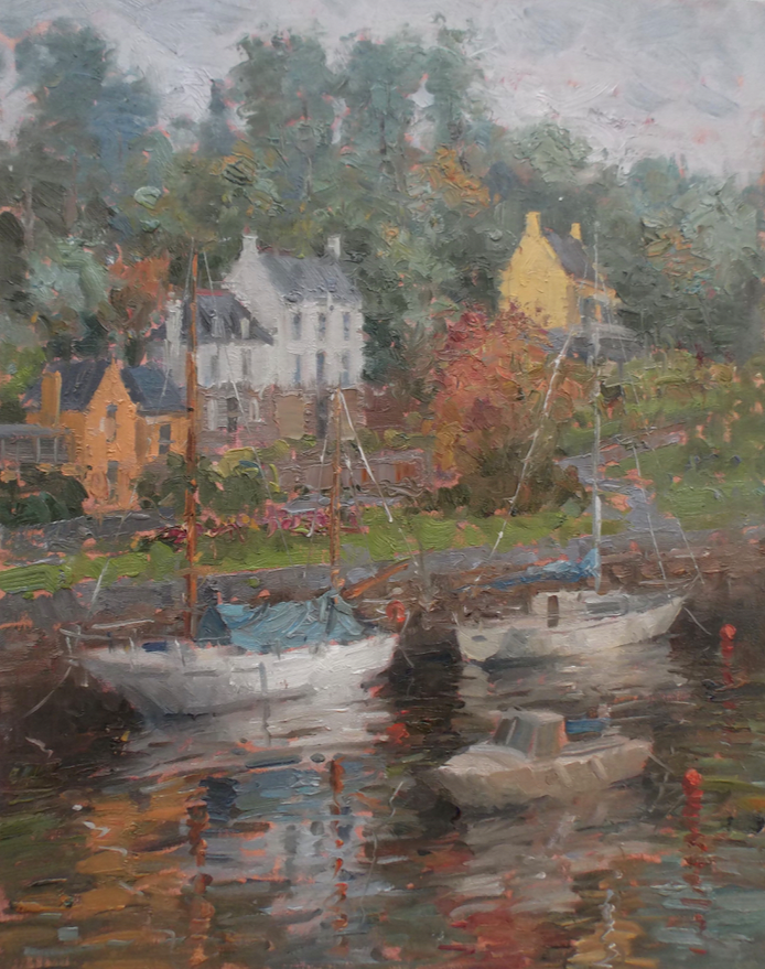 A painting of boats in a harbor with houses in the background.