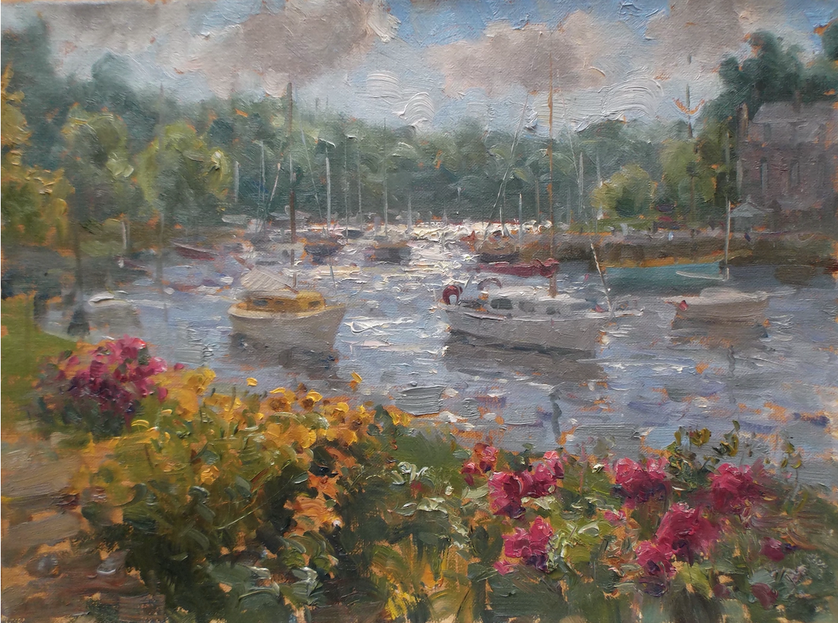 A painting of boats in a harbor with flowers in the foreground.