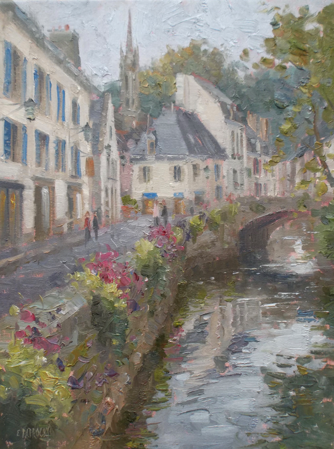 It is a painting of a river running through a small town.