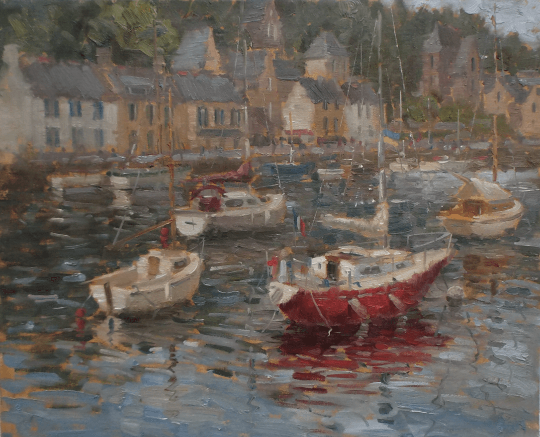 A painting of boats in a harbor with buildings in the background.