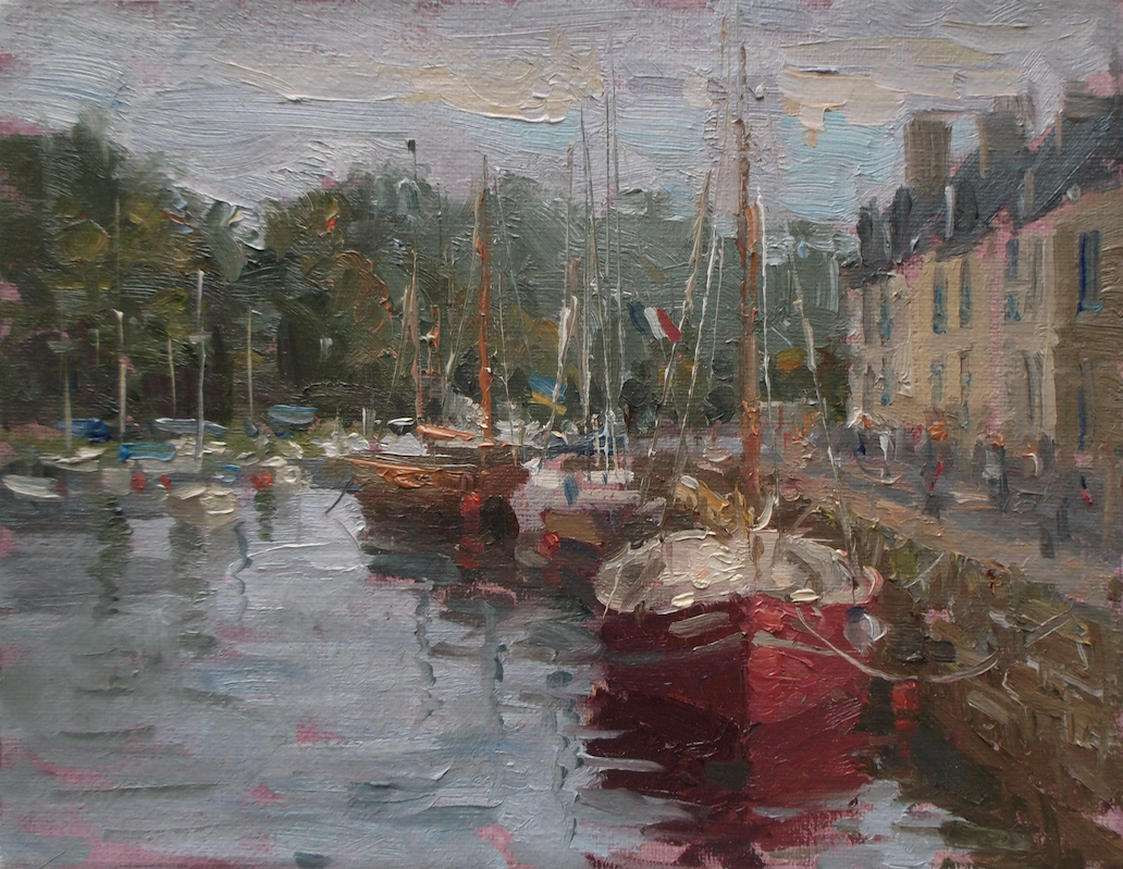 A painting of boats docked in a harbor with buildings in the background.