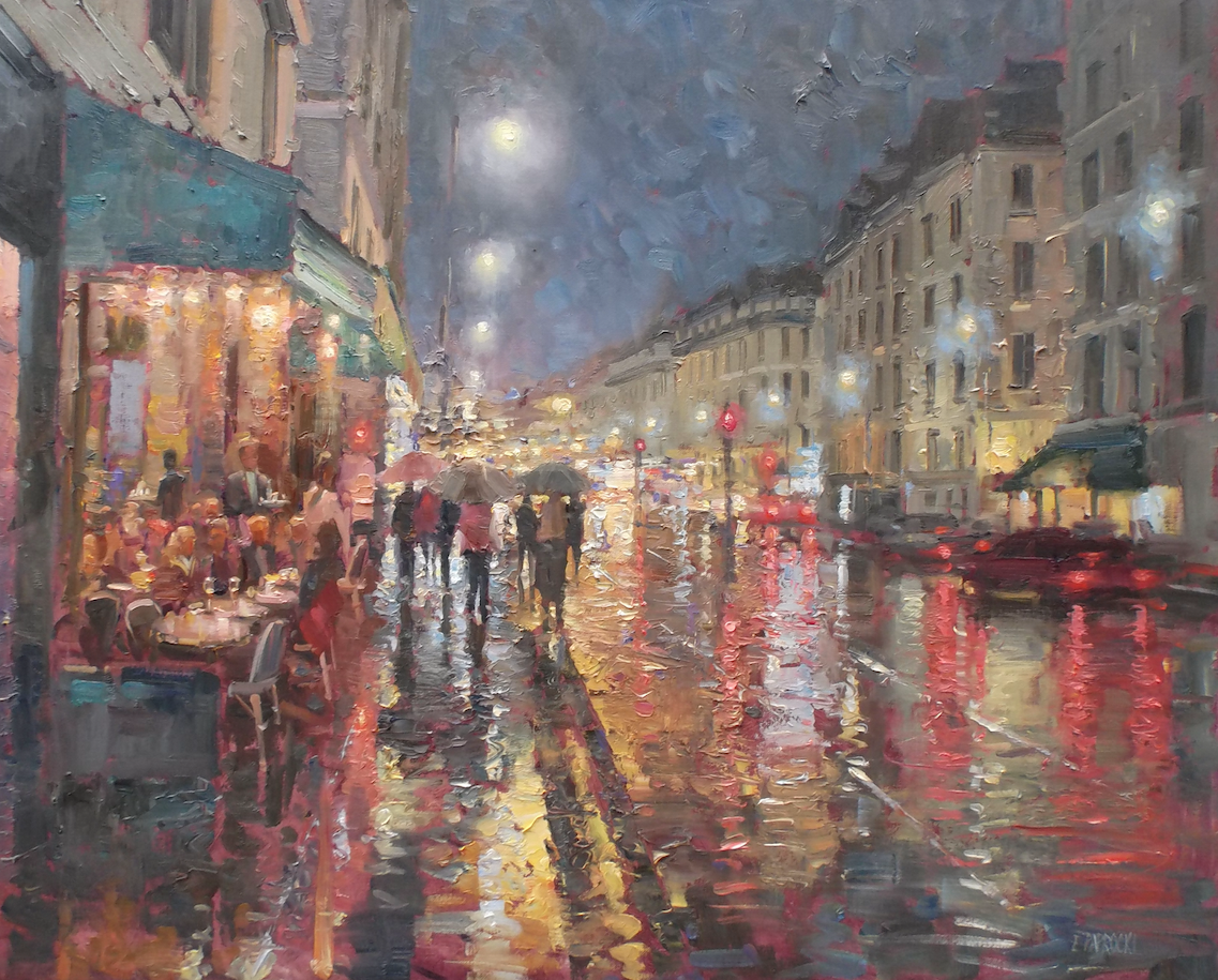 It is a painting of a city street at night in the rain.