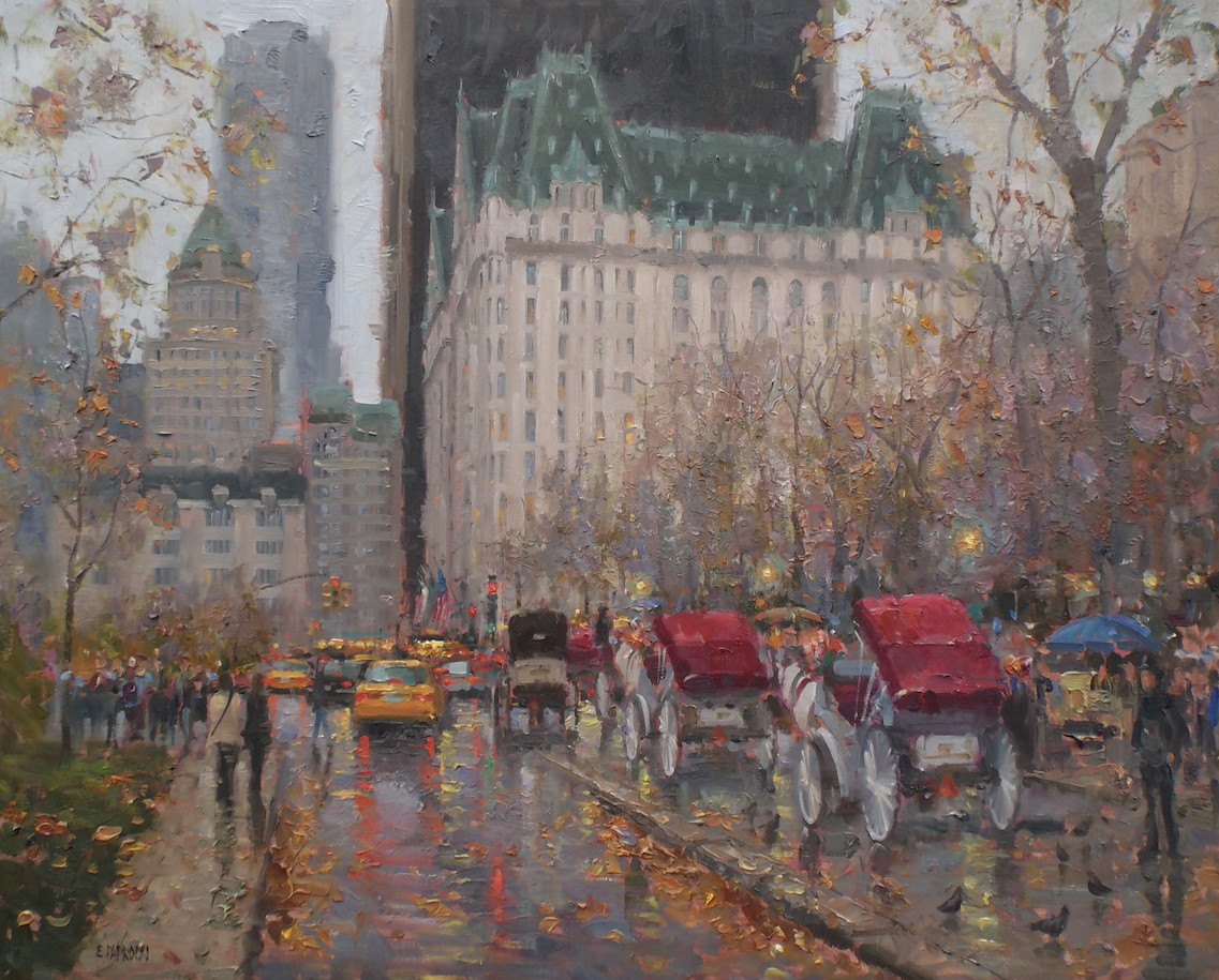 A painting of a horse drawn carriage driving down a city street in the rain.