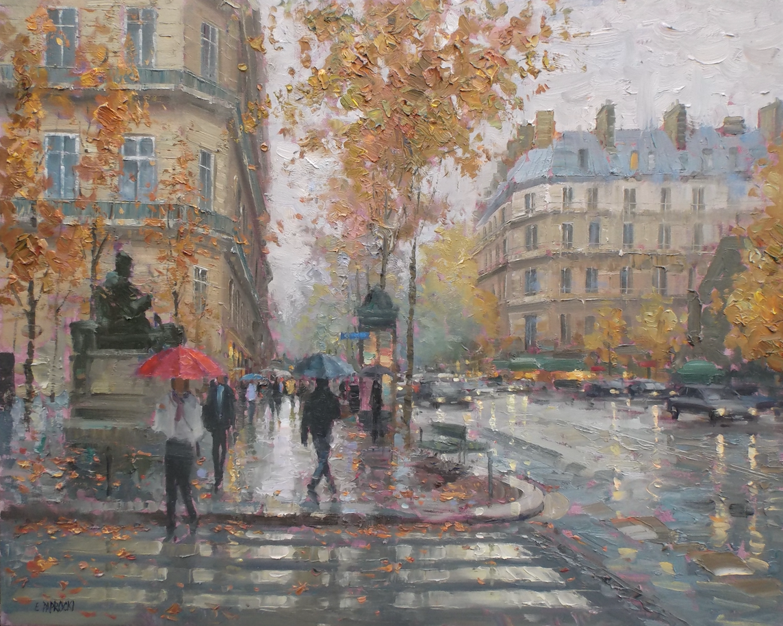 A painting of people walking in the rain with umbrellas.