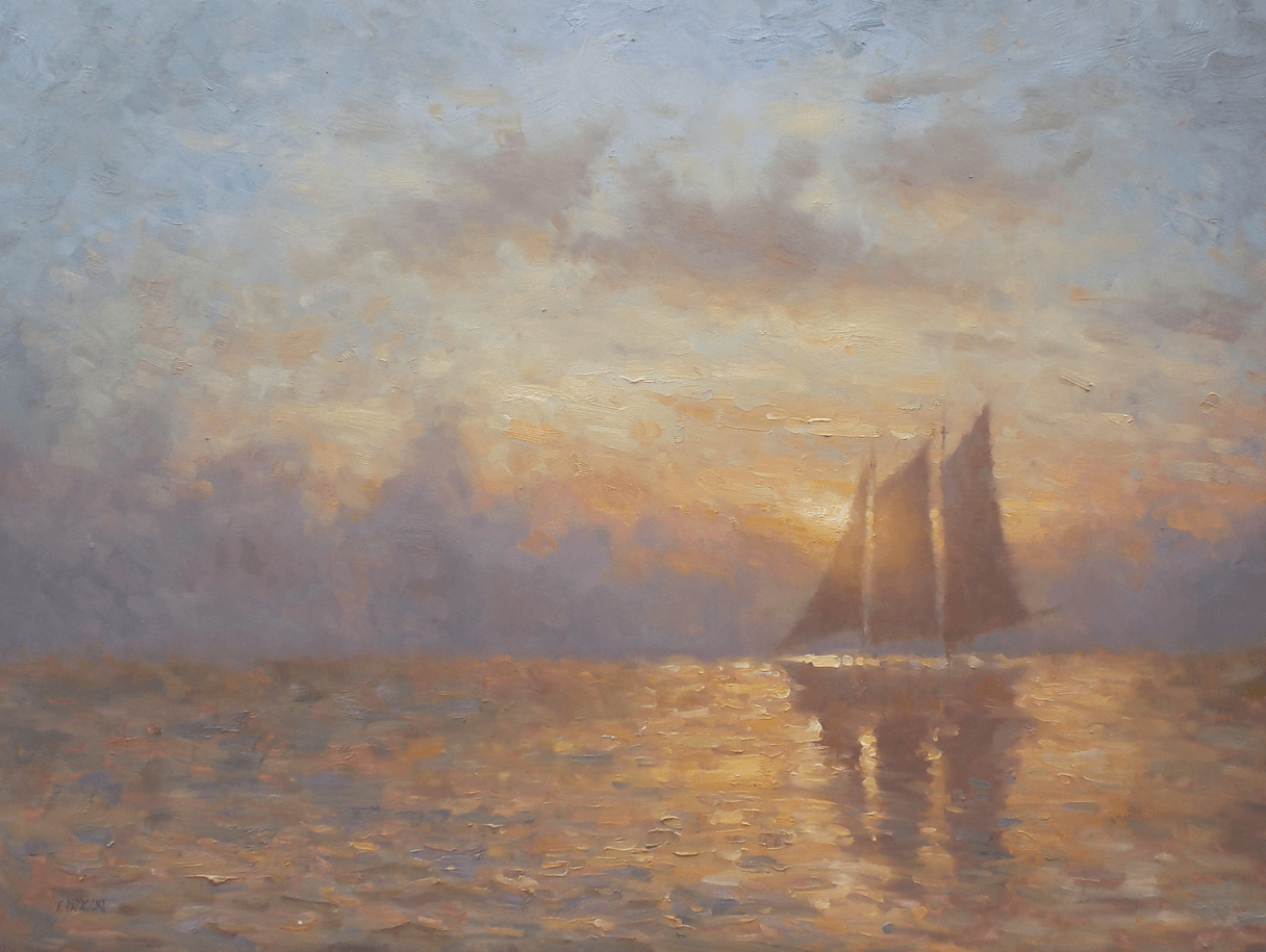 A painting of a sailboat in the ocean at sunset.