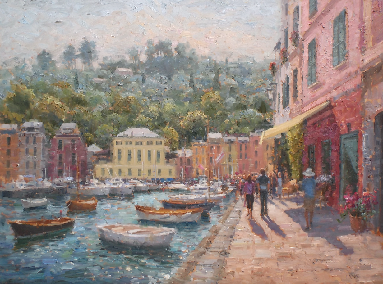 A painting of a harbor with boats and people walking on the sidewalk.