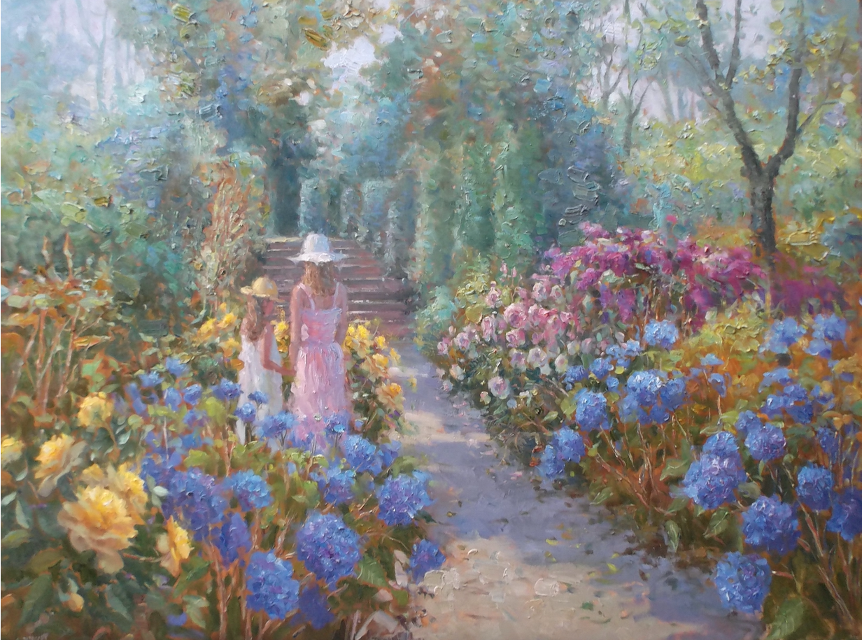 A painting of a woman standing in a garden surrounded by flowers.