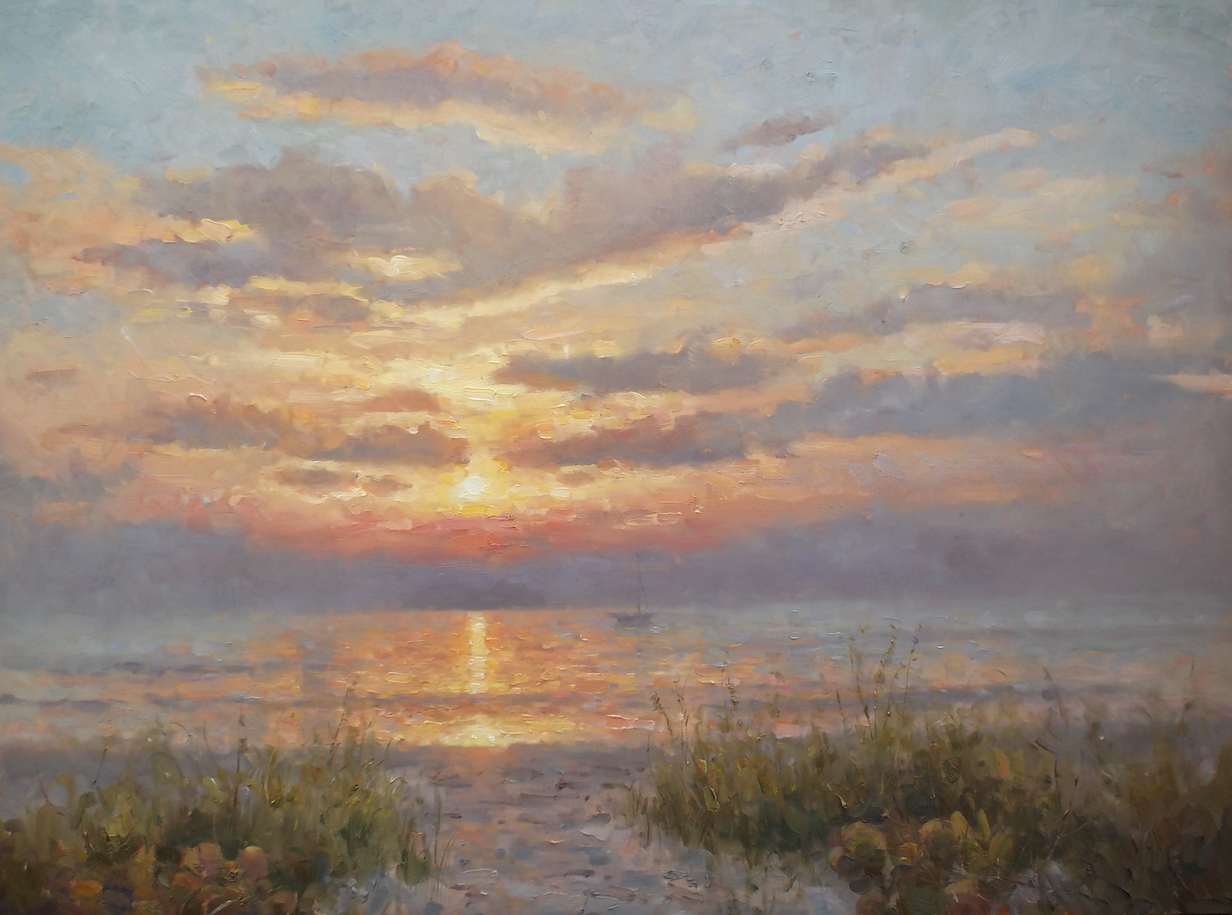 A painting of a sunset over the ocean with a boat in the distance.