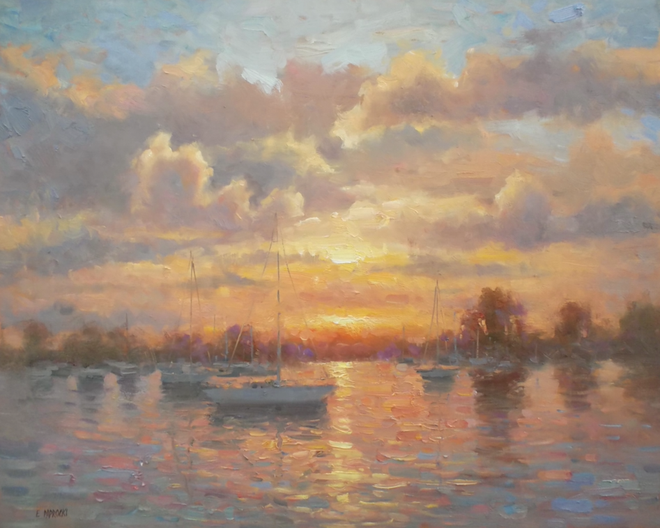 A painting of a sunset over a body of water with boats in the water.