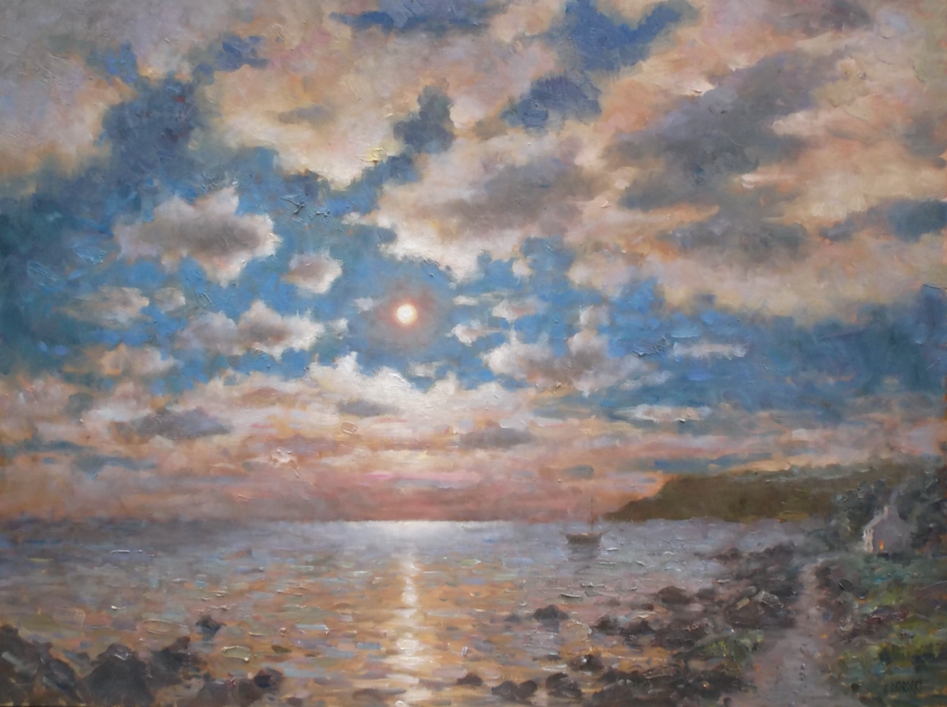 A painting of a sunset over a body of water with a boat in the distance.