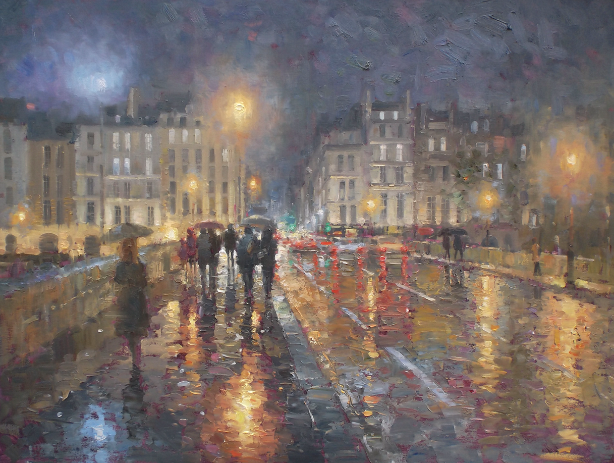 It is a painting of people walking in the rain.