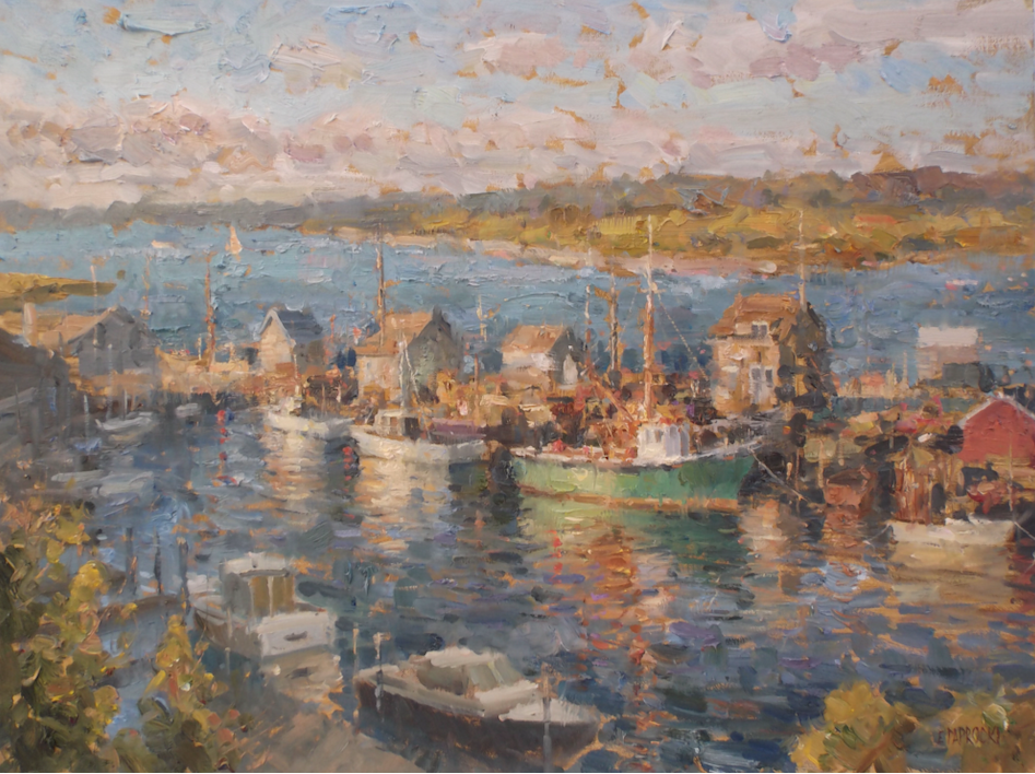 A painting of a harbor with boats and houses in the water.