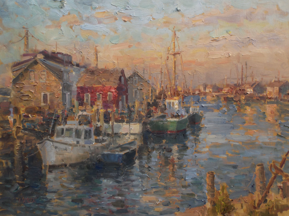 A painting of boats docked in a harbor at sunset.