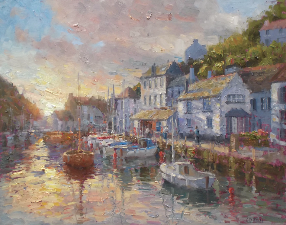 A painting of a harbor with boats and buildings at sunset.