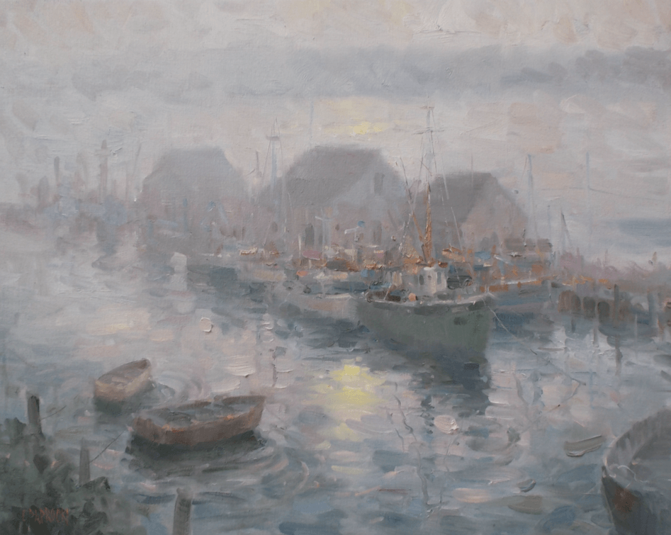 A painting of boats in a harbor on a foggy day.