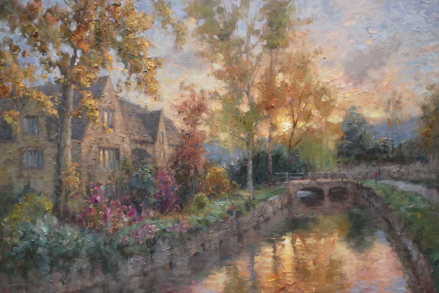 A painting of a house and a bridge over a river.