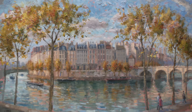 A painting of a bridge over a river with buildings in the background.