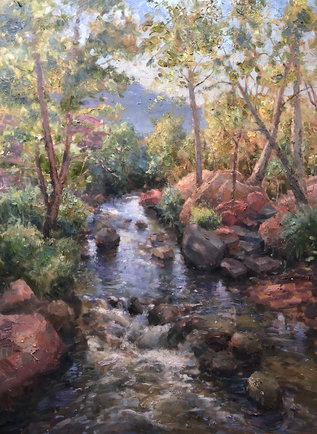 A painting of a stream running through a forest with trees and rocks.
