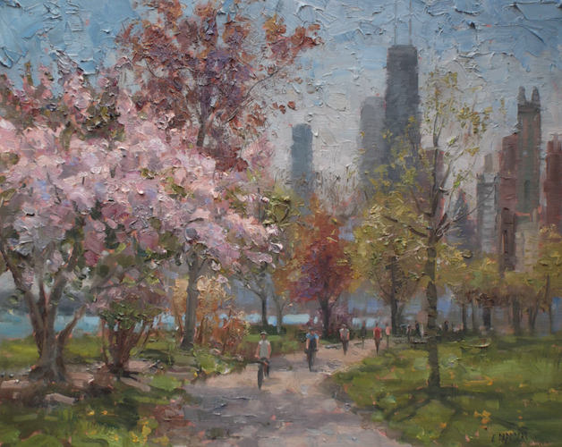 A painting of people walking in a park with trees and buildings in the background.
