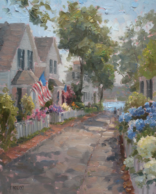 It is a painting of a street with houses and flowers.