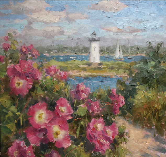 A painting of a lighthouse with pink flowers in the foreground