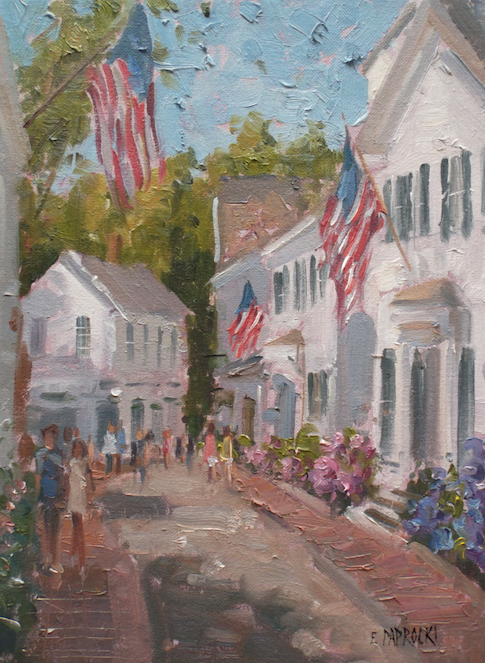 A painting of a street scene with american flags flying in the wind.