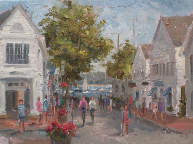 A painting of a crowd of people walking down a street.
